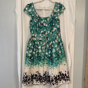 Kay Unger Green Silk Cotton Blend Floral Fit Flare Scoop Neck Dress Size 10